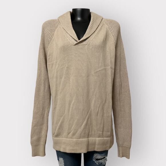 Express Mens Popover Shawl Collar Sweater sz L Twee Preppy Long Sleeve Tan Beige - Picture 1 of 8